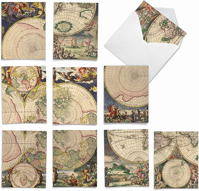 The Best Card Company - 10 Assorted Blank All Occasions Notecards Box Set 4 x 5.12 Inch w/Envelopes Vintage Art Map for Men, Women, Variety Pack (10 Designs, 1 Each) - Topographics M2341OCB