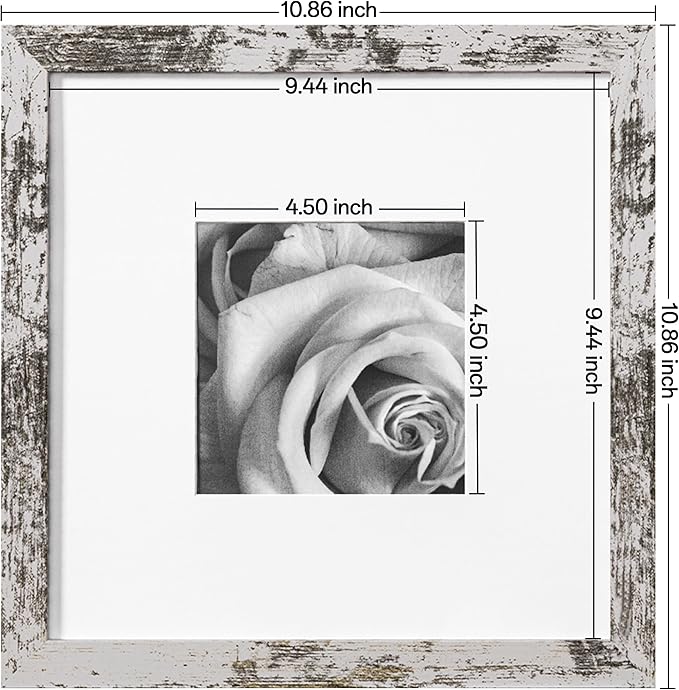 eletecpro 10x10 Picture Frames Set of 9 with Mat for 5x5 Photos or without Mat for 10x10, Square Gallery Wall Decor Collage for Picture Display, Distressed White Frame Set for Wall Hanging
