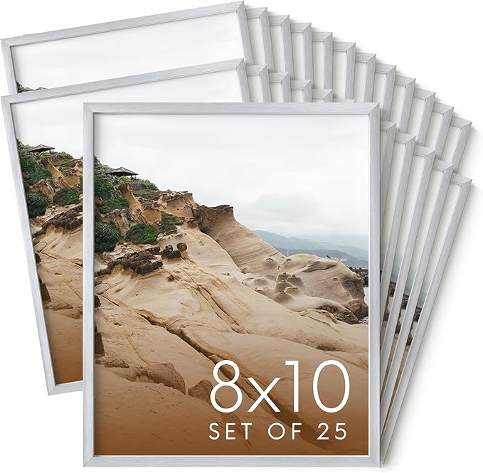 HAUS AND HUES 8x10 Silver Metal Picture Frames - Premium Aluminum with Vertical & Horizontal Hanging, Shatterproof Plexiglass - Perfect for Home or Office (8x10 in, Silver, Set of 25)
