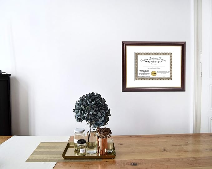 Creative Picture Frames 11x15 Mahogany Gold Rim Diploma Frame with White Mat Glass and Installed Wall Hangers | Frame Holds 16x20 Media without Mat
