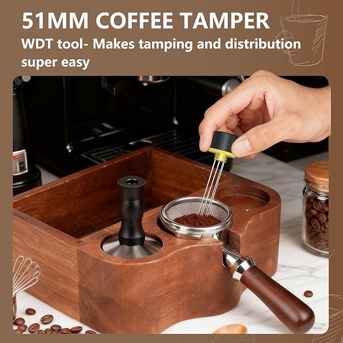 Espresso Accessories Kit, 2-in-1 Espresso Tamper and WDT Tool, 51mm Coffee Tamper with 304 Stainless Steel Needles, Espresso Accessories Gift for Home Baristas