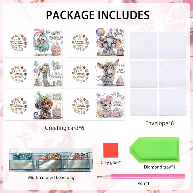 6-Pack Pets Birthday Diamond Painting Greeting Card Kits, Special Shaped Diamonds Painting, DIY Handcraft for Relatives and Friends with Wishes,Unique Design Crafting for Birthday Cards