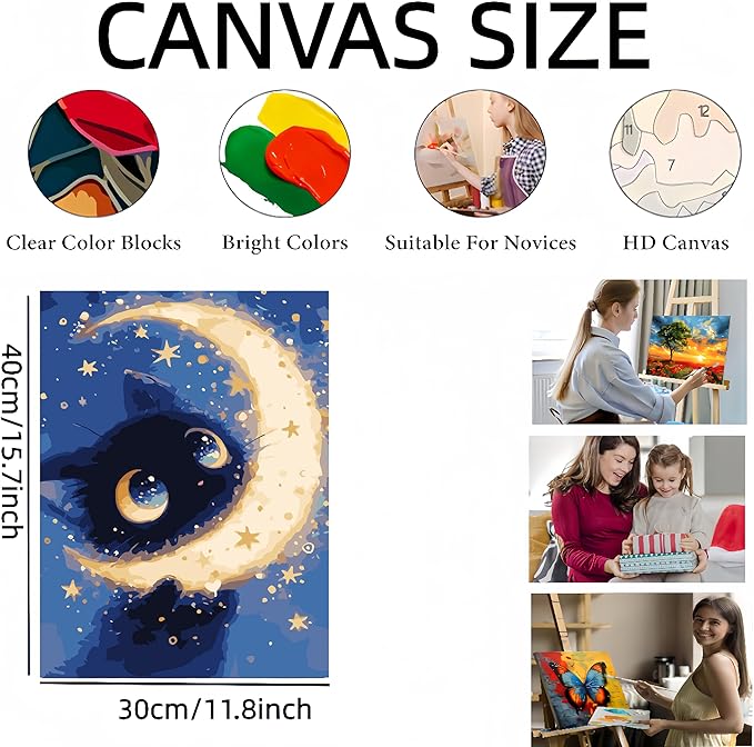 Painting by Numbers Kit for Adults Beginner,Black Cat Color by Numbers for Adults,Starry Moon Adult Paint by Number Kits on Canvas,Paint by Numbers Easy Oil Painting for Home Wall Decor 11.8X15.7 Inch