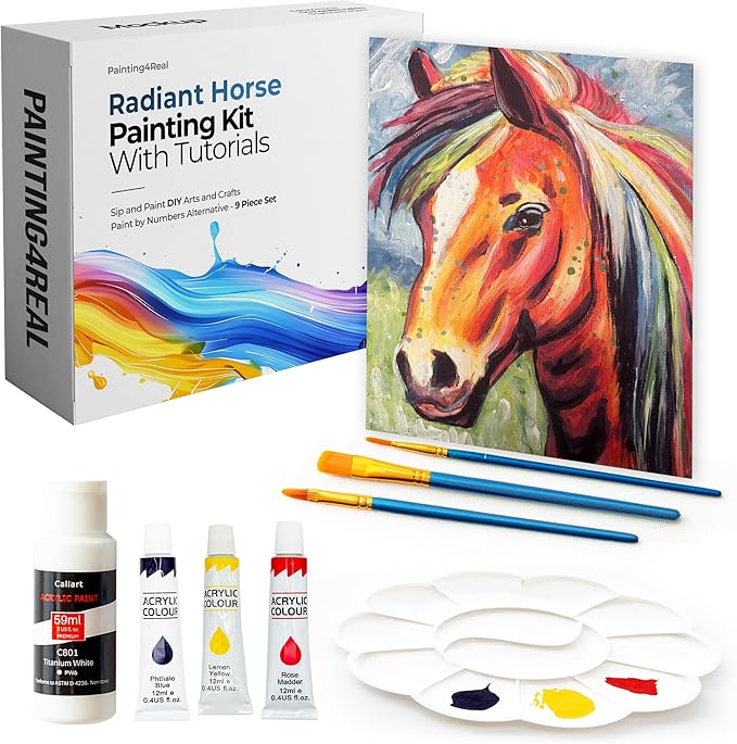 DIY Painting Class Kit for Adults with Video Tutorials: Learn to Paint Radiant Horse – How to Paint with Acrylics – Painting & Art Supplies – 9 Piece Acrylic Paint Set