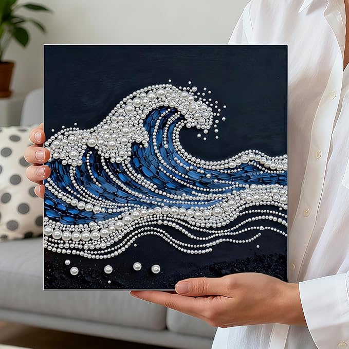 DIY Pearl Painting Kit with Wooden Frame, 3D Plastic Pearl Gemstone Ocean Art Craft for Adults Beginners, Diamond Art Kits for Adults, Home Wall Decor Ready Gift for Women(Waves)(30 * 30cm)