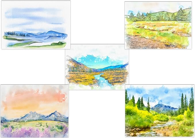 Nature Landscape Greeting Cards, 10 All Occasion Cards with Envelopes, 5x7 Inches, Watercolor Mountain and River Scenes, Blank Inside