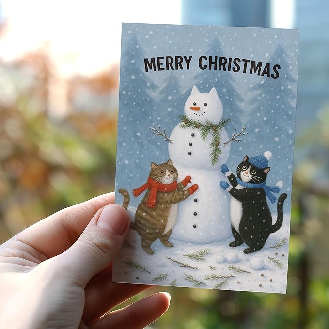 (5.3x8in) Merry Christmas Card with Envelope, Cute Cats Building Snowman Illustration, Cozy Winter Holiday Greeting for Friends, Family, Cat Lovers, and Animal Enthusiasts (Xmas 31)