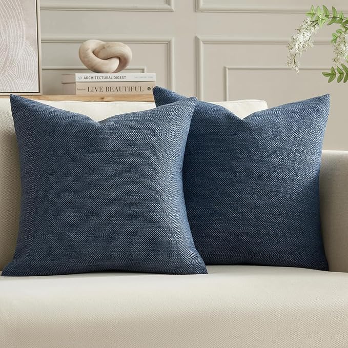 Set of 2 Linen Look Marine Blue Pillow Covers 20x20, Decorative Throw Pillow Covers for Couch, Sofa, Bed & Living Room Decor