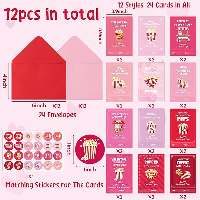 TICIAGA 72pcs Valentine’s Day Popcorn Corn Greeting Cards with Envelop Movie Night and Snack Stickers for Kids Retro Poppin Notecard Exchange Gift for Boys and Girls School Classroom Party Favors