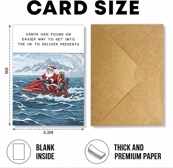 (5.3x8in) Santa Found an Easier Way to Get Into the UK Christmas Card with Envelope, Funny British Holiday Greeting Featuring Jet Ski Santa, Humorous Xmas Card for Friends and Coworkers (Xmas 35)