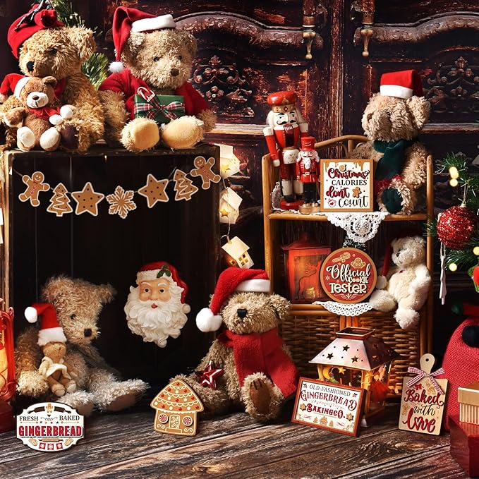 Kajaia 15 Pcs Christmas Tiered Tray Decor Winter Tiered Tray Decorations Set Snowman Snowflake Gingerbread Man Hot Cocoa Wooden Signs Farmhouse Christmas Table Decorations(Gingerbread Man)