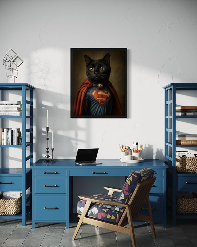 Superhero Portrait Art Poster Print, Cat Kitten Painting Humor Portrait Pet Artwork Decor Gallery A8 (Superhero, 16 x 20 inches, Unframed)
