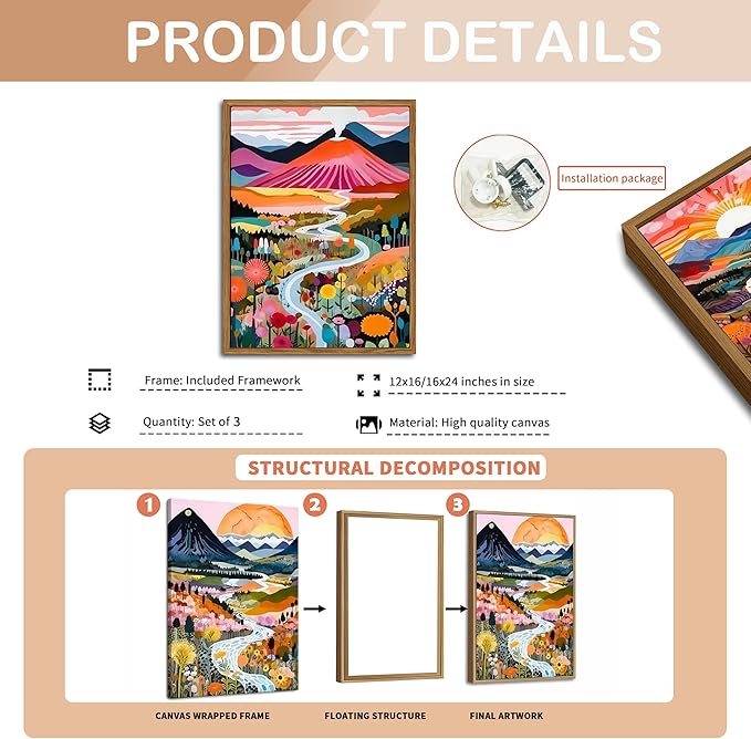 Floating Framed Boho Colorful Wall Art, Abstract Watercolor Mountain Landscape Wall Decor Painting Set of 3, Modern Flower Aesthetic Posters Prints for Living Room Bathroom Bedroom 12x16 Inch