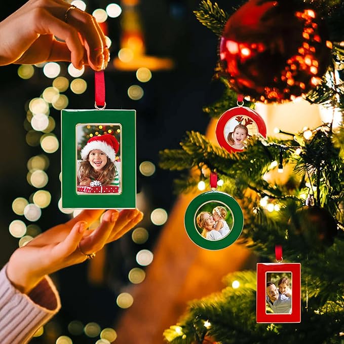 Christmas Picture Frame Ornaments - Set of 4 Green 2x3 Inch Mini Frames with Red Ribbon, Metal Photo Frames for Christmas Tree Decorations, Holiday Gift for Family & Friends