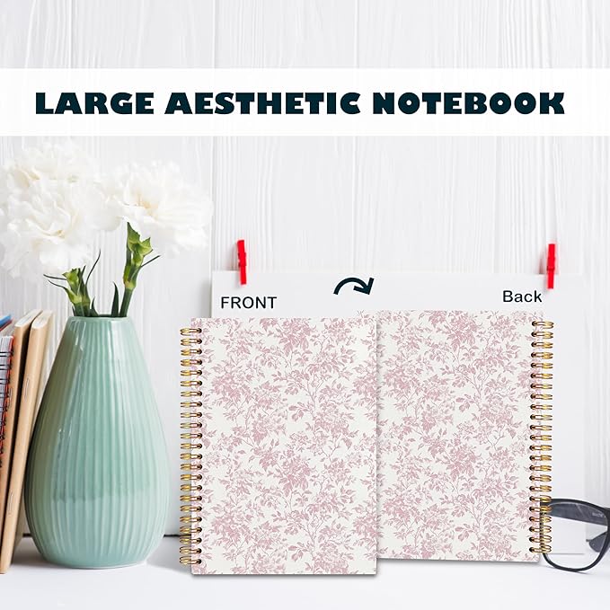 BearCake Pink Floral Chinoiserie Grandmillennial Notebook Journal,Aesthetic Notebook, Chinoiserie Journal,Notebooks for Work, Hardcover Spiral Notebook 5.5x8.3