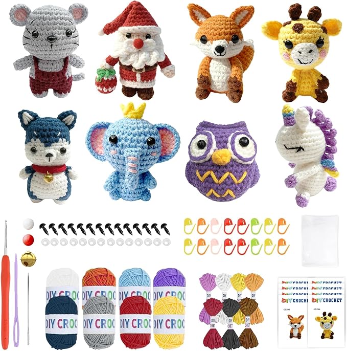 Ploomi 8Pcs Crochet Kit for Beginners - 2026 ChristmasKnitting Kit for Adults and Kids Beginners -Woobles Crochet Kit and Crochet Animals Kits with Easy Peasy Yarn and Step-by-Step Video Tutorials