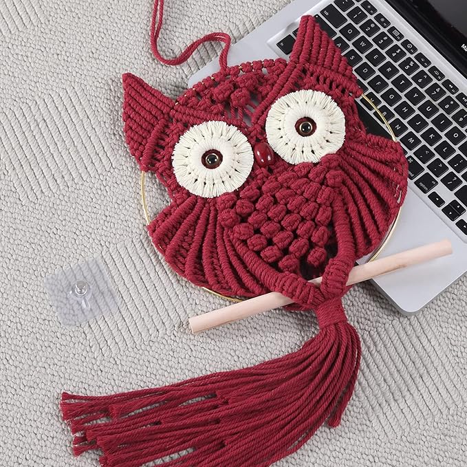 MVSUTA Owl Burgundy Cotton Handmade Macrame Wall Hanging Tapestry Home Decor Art and Red Craft Wonderful Decoration Woven Boho Ornament for Office Bedroom Apartment Living Room Nursery Gallery,1pc