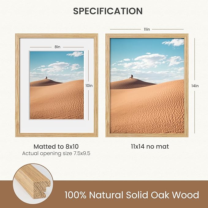 Dreamland 11x14 Picture Frame, Solid Oak Wood Photo Frame with Mat for 8x10, 11 x 14 Matted Picture Frames with Resistant Plexiglass for Wall Art Photo and Prints, Oak Color, Set of 1