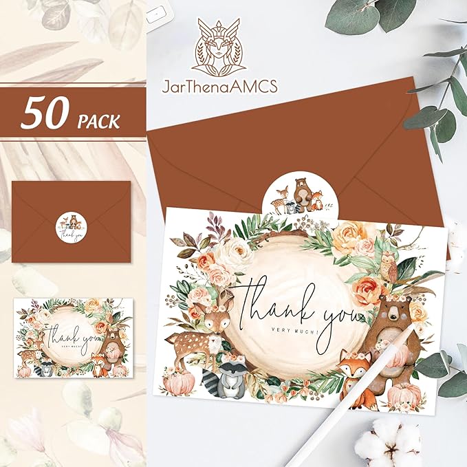 JarThenaAMCS 50 Pack Fall Woodland Thank You Cards Boxed Forest Animal Floral Pumpkin Greeting Cards with Envelopes Stickers Autumn Blank Note Card for Birthday Baby Shower, 4 x 6 Inch