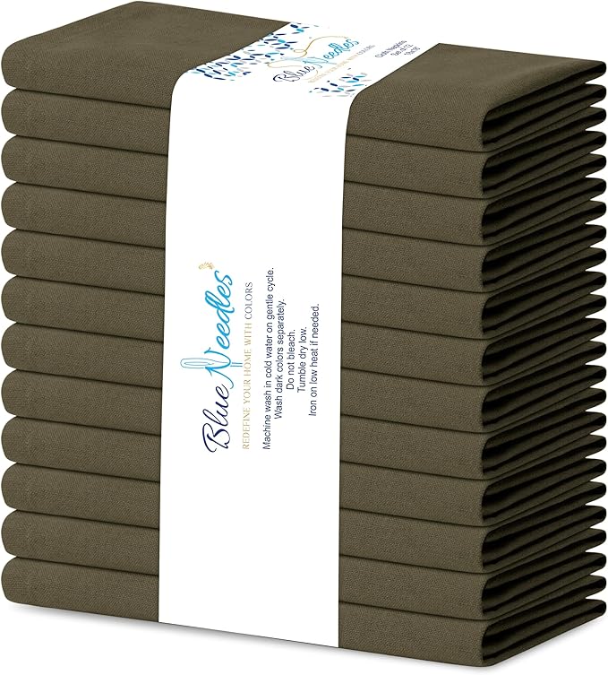 Blue Needles Solid Cloth Napkins Set of 12 Olive Green 100% Cotton Dinner Napkins 18x18 inches, Soft, Reusable, Absorbent, Washable Linen, Ideal for Christmas Events, Parties & Everyday Use