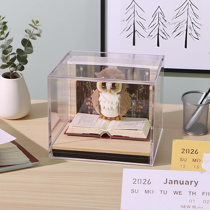 3D Calendar 2026, Owls Piece Calendar 2026 with LED Light, Daily Tear-Off Memo Pad, Owls Paper Carving Desktop Decoration, Unique Holiday & New Year Craft Gift