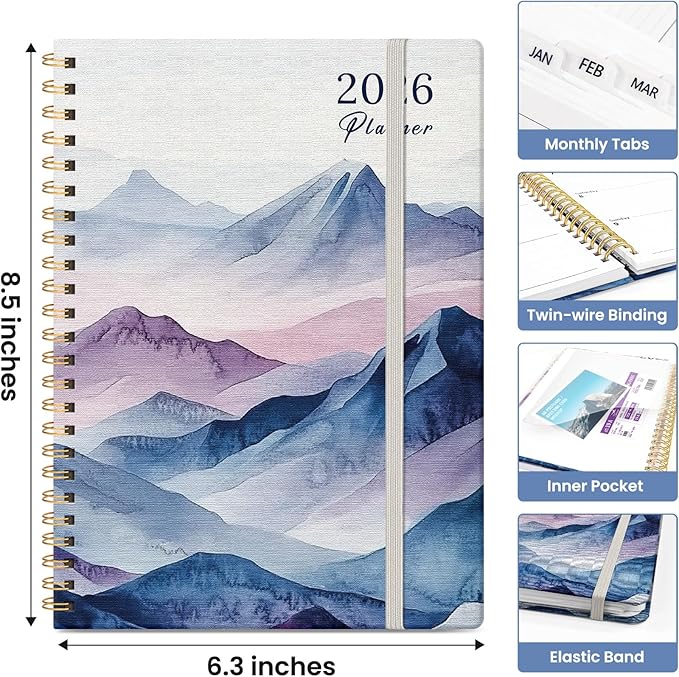 2026 Planner, Monthly and Weekly Calendar Planner for Women, Jan 2026 - Dec 2026, Hardcover Pretty 2026 Agenda Planner Book with Tabs, Spiral Bound, Perfect for School Office Home Supplies, 6.3" x 8.5" - Distant Peaks