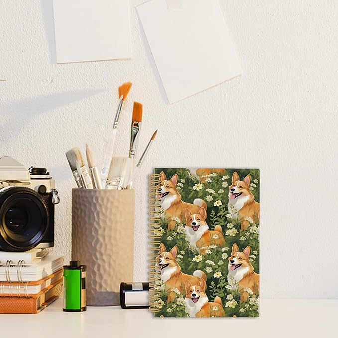 Cute Dog Corgi Floral Journal Notebook - Welsh Corgi Dog Flower Notebooks College Ruled for Work School, Gifts for Dog Mom Dog Lovers, Office Supplies, Hardcover Spiral Notebook 5.5"x8.3"