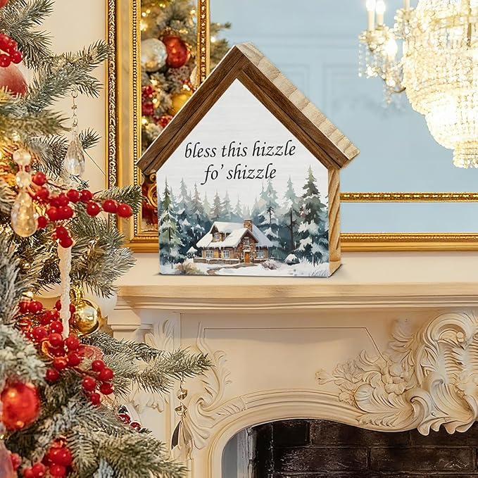 Rustic Christmas Decor, Bless This Hizzle Fo' Shizzle House Shaped Wooden Sign, Funny Christmas Decorations for Home