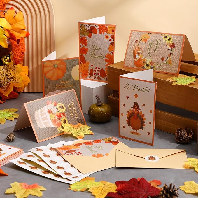 100 Pack Thanksgiving Cards with Envelopes and Stickers Fall Greeting Cards Assortment 5 Designs Fall Leaves Turkey Pumpkin Holiday Harvest 4 x 6 Blank Notes Religious Party Supply