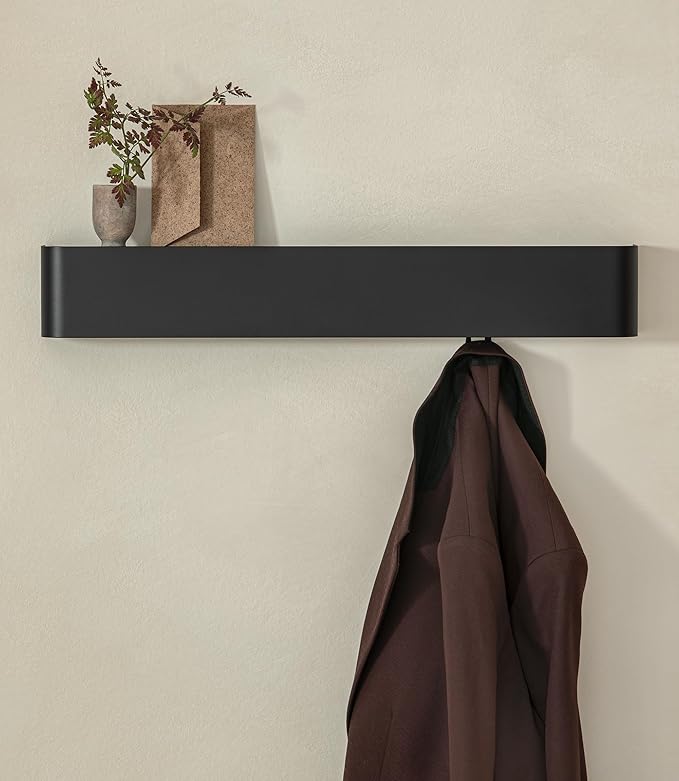Kazai.®️ Coat Rack Wall Mount with Shelf 'Tone' | Modern Design Coat Hanger with Hidden Hooks and Storage | Hat Rack with Shelf in Metal | Wall-Mounted Purse Organizer | Black