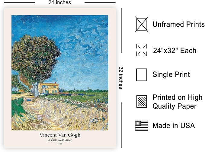 Monem Art Vintage Van Gogh Poster - Retro A Lane near Arles Print - Impressionism Art - Fine Art - Classic Painting Art - Landscape Art - Great Bedroom or Office Decor - 24x32 UNFRAMED Wall Art