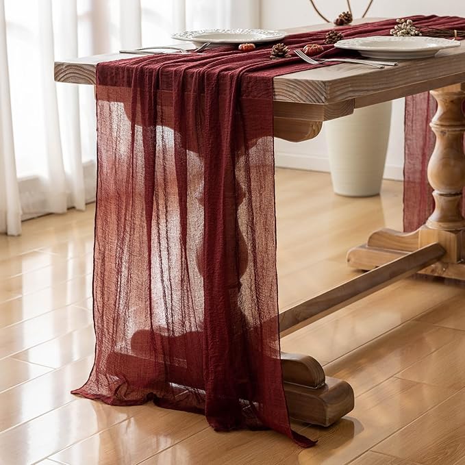 Keketoarrange 3pcs Burgundy Table Runner Valentines Decor Red Cheesecloth Gauze 120 Inch 10 FT Rustic Boho Cheese Cloth Runner for Wedding Baby Bridal Shower Party Long Sheer Spring Home Decorations