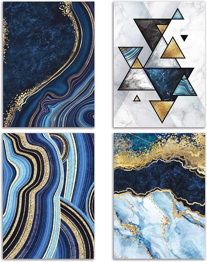 All Occasion Abstract Greeting Cards Boxed Set - 24 Blank Just Because or Thank You Cards w/White Envelopes - Marbled Agate Designs on High-Quality Card Stock by RitzyRose (Blue and Gold)