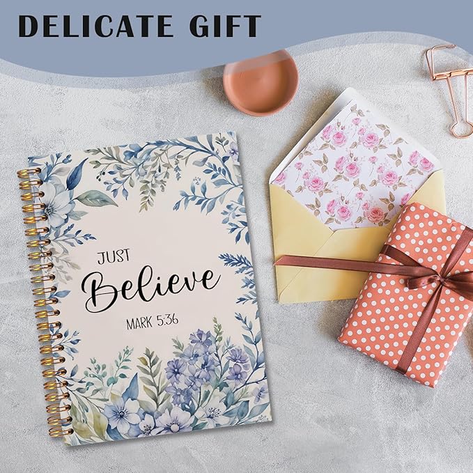 Floral Christian Spiral Notebooks, Just Believe Mark 5:36 Bible Journal, Scripture Journals for Writing, Christian Gifts for Women, Religious Notebook for Note Taking, 5.5x8.3 Inch