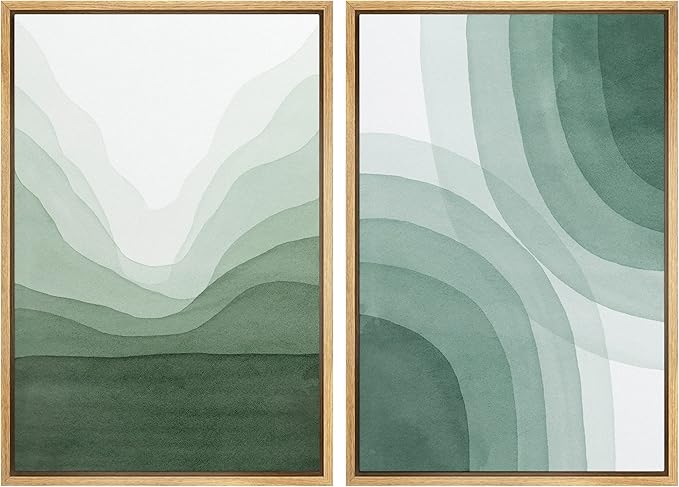 SIGNWIN Framed Canvas Print Wall Art Set Pastel Watercolor Green Wave Illusion Abstract Shapes Illustrations Modern Art Minimal Boho Colorful for Living Room, Bedroom, Office - 24"x36"x2 Natural