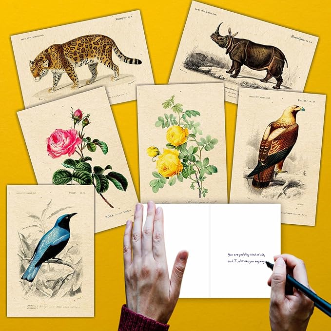 PARTH iMPEX 36 Blank Vintage Note Cards with Envelopes and Stickers – 4x6 Botanical Greeting Cards Bulk – Floral Birds Leaves Animal Retro All Occasion Thank You Cards for Personal Business Use