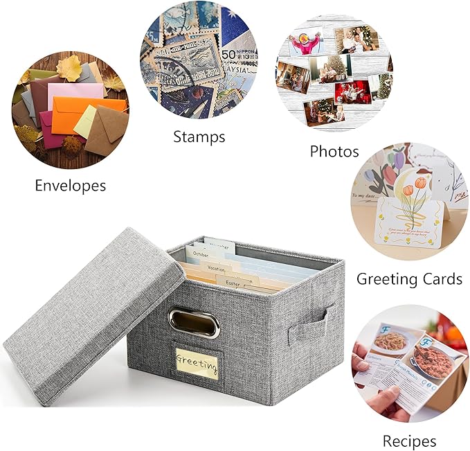 Greeting Card Organizer and Storage Box with 20 Pcs Adjustable Dividers, Storing Cards with 84 Pcs Labels Perfect for Storing Greeting Cards, Envelopes, Photos 2 Pack Grey