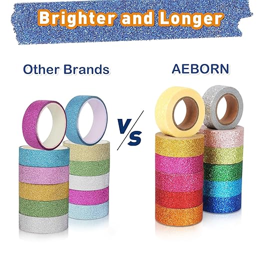 AEBORN Glitter Washi Tape Set, Colored Decorative Masking Tapes for Bullet Journal, Kids DIY Crafts, Planner, Scrapbook, Gift Packaging (Glitter-12jz)