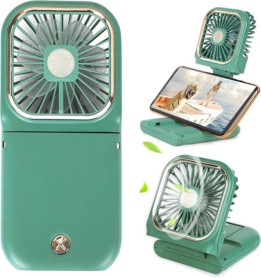 Portable Mini Fan - 5 in 1 with Phone Holder, Desk Fan, USB Rechargeable, 3000 mAh Power Bank, 3 Speed Adjustable, Neck Lanyard, Green
