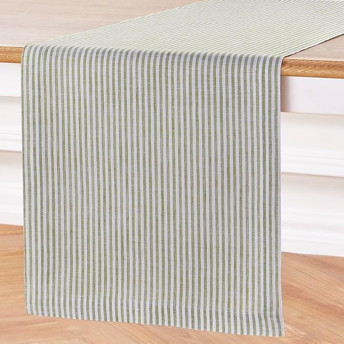Solino Home Linen Table Runner 120 Inches Long - Narrow Stripe, 100% Pure Linen Avocado and White Table Runner 14 x 120 Inch for Dining, Winter, Spring, St Patricks Day, Easter