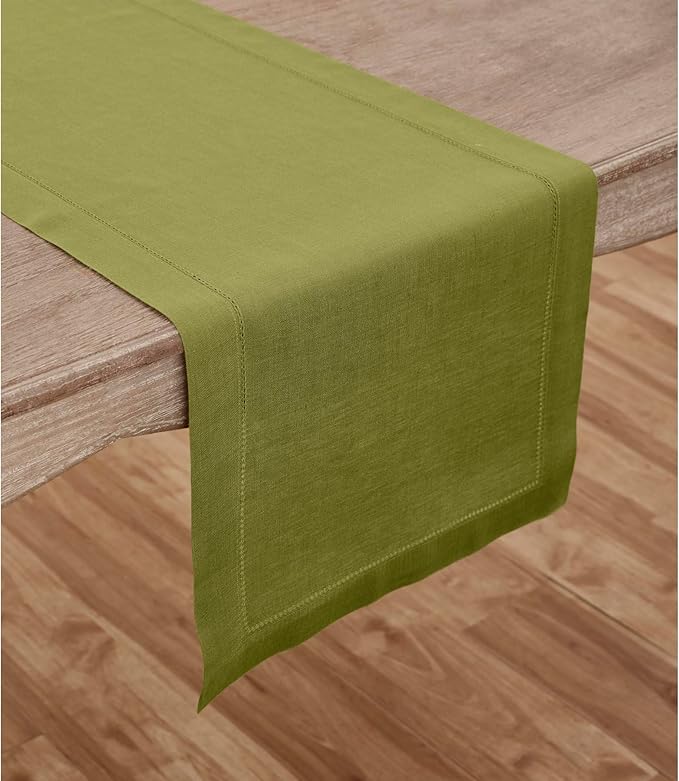 Solino Home Linen Hemstitch Table Runner 36 Inches - 100% Pure Linen Avocado Green Table Runner 14 x 36 Inch for Dresser and Coffee Tables - Winter, Spring, Easter, St Patricks Day - Classic Hemstitch