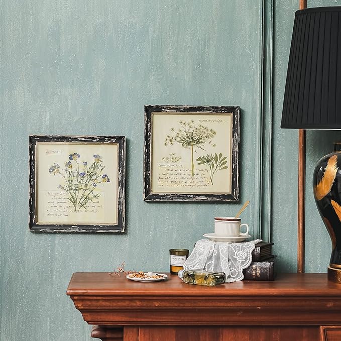 NIKKY HOME Botanical Wall Art Set of 2, Vintage Botanical Prints Wooden Framed Floral Plant Pictures Poster Decor for Bathroom Bedroom Living Room Office, 10x10 Inch