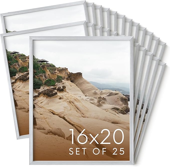 HAUS AND HUES 16x20 Silver Metal Picture Frames - Features Premium Aluminum, Vertical & Horizontal Hang, Shatterproof Plexiglass - Ideal for Home, Room, Office (16x20 in, Silver, Set of 25)