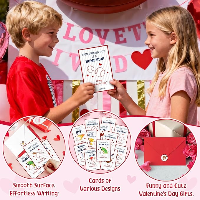 TICIAGA 144pcs Valentine’s Day Baseball Greeting Cards with Envelop and Stickers for Kids, 4 x 6 IN Sporty Design Baseball Exchange Gift Cards for Boys Girls Classroom Supplies, Valentines Party Favors