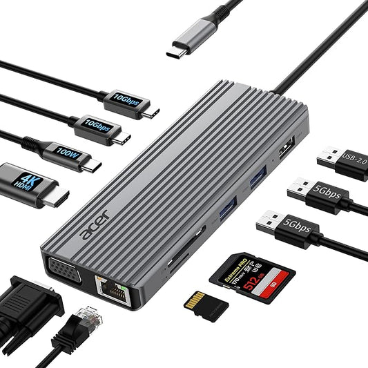 Acer 11 in 1 USB C HUB Multiport Adapter with 4K@60Hz HDMI, 1080P VGA, 2x10Gbps USB C, 2x5Gbps USB A, 100W PD Port, 1000Mbps Ethernet, SD/TF, Docking Station Dual Monitor for PC, Laptop, Desktop