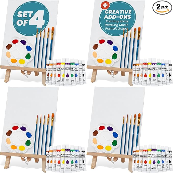 CraftyCrocodile Set of 4 Painting Kits for Adults and Couples - Sip and Paint Kit for Date Night and Crafts - Acrylic Painting Kit with Canvas Boards and Easels - Couple Art Set for Starters