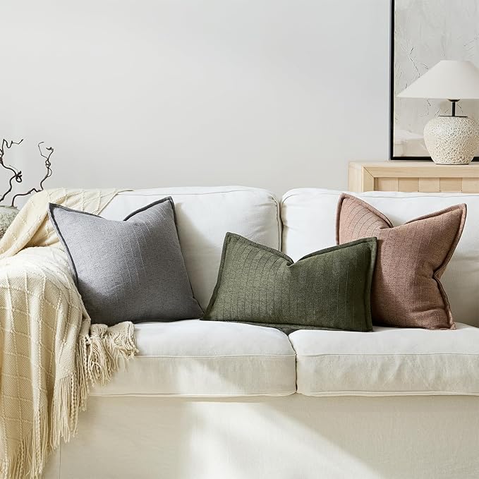 16x16 Linen Pillow Covers Grey Pack of 2 Farmhouse Boho Neutral Accents Striped Textured Square Decorative Throw Pillow Cases for Living Room Couch Bed Home Decor