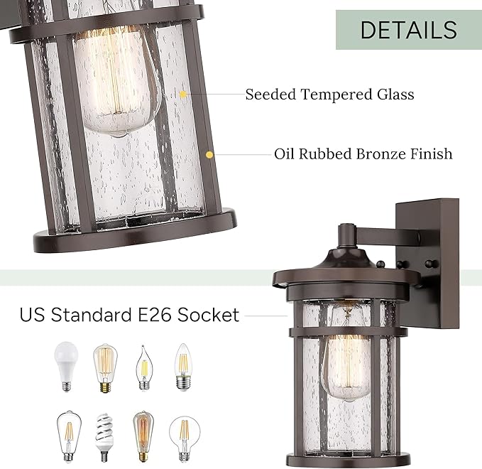 Casia Outdoor Wall Sconces, Exterior Wall Lantern, Farmhouse Porch Lighting Fixture, Front Door Mounted Lights, Outside Lighting Lamp for Patio, Porch, Garden,Balcony(Oil Rubbed Bronze, 12" H)
