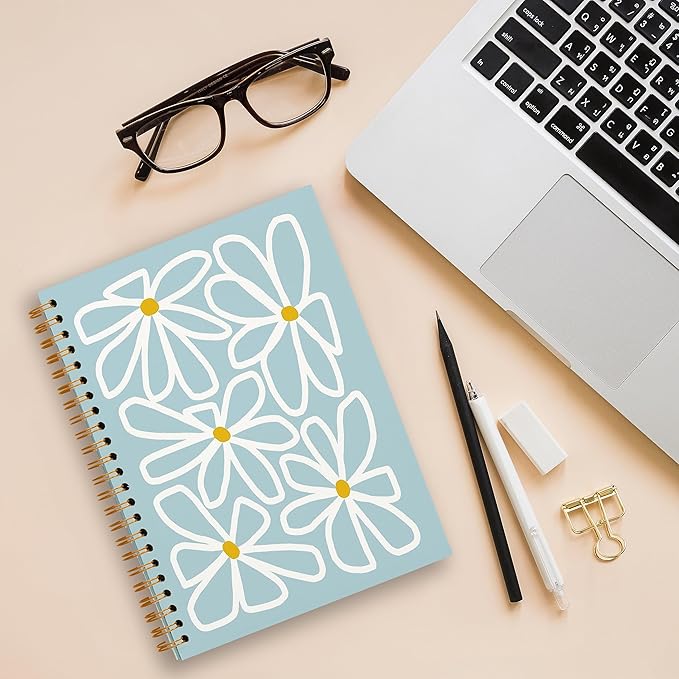 Tizzer Retro 70s Groovy Daisy Flower Light Blue Lined Hardcover College Ruled Spiral Notebook Journal for Work Notes Journaling 5.5×8.3 Inch,Gifts for Flower Lovers Women Teen Girls