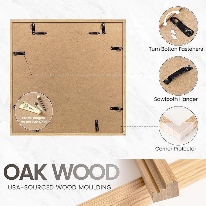 16x16 Picture Frame, USA-Sourced Natural Oak Wood Photo Collage Frame with HD Tempered Glass, Modern Simple 16 x 16 Wooden Frame Matted to 12x12, Gallery Wall Frames for Art